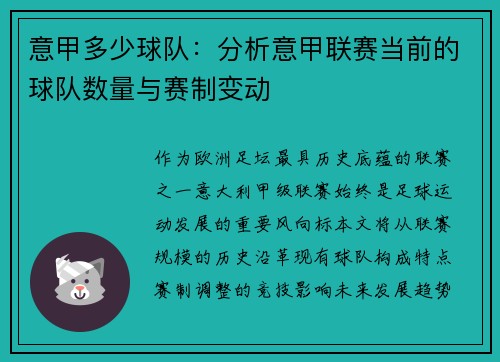 意甲多少球队：分析意甲联赛当前的球队数量与赛制变动
